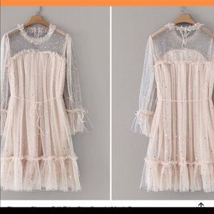 flounce sleeve frill trim star sequin mesh dress